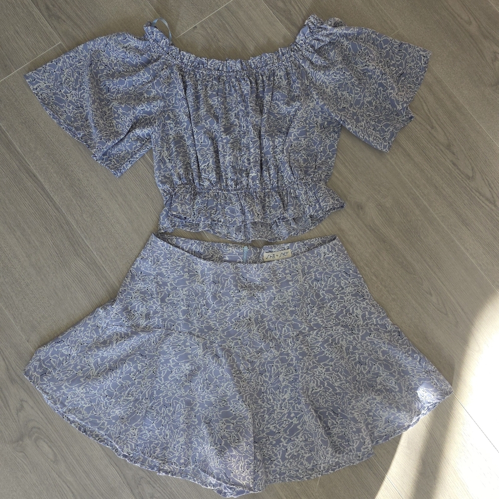She + Sky Lavender Blue Floral Off-Shoulder Skirt Set
